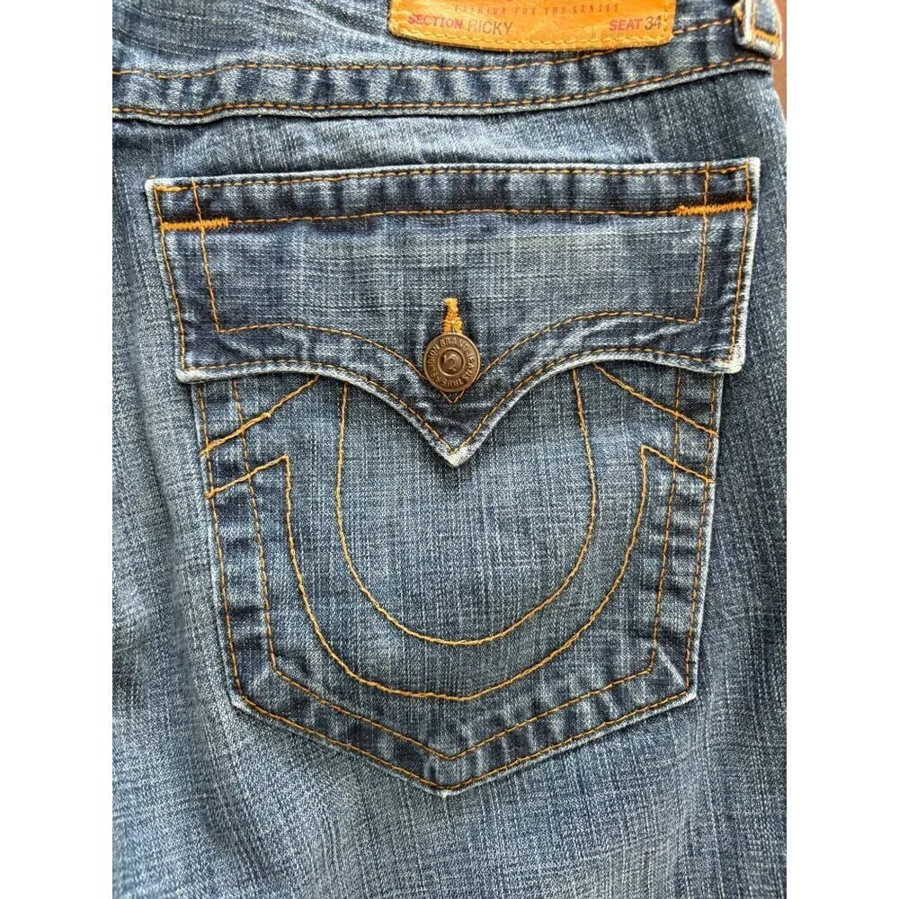 True Religion Men's Y2K Ricky Straight Flap Pocket Jeans Medium Wash Size 34